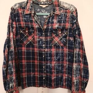 Tribal Jeans Denim Plaid Button Down Shirt Blue Red Long Sleeves Womens Large